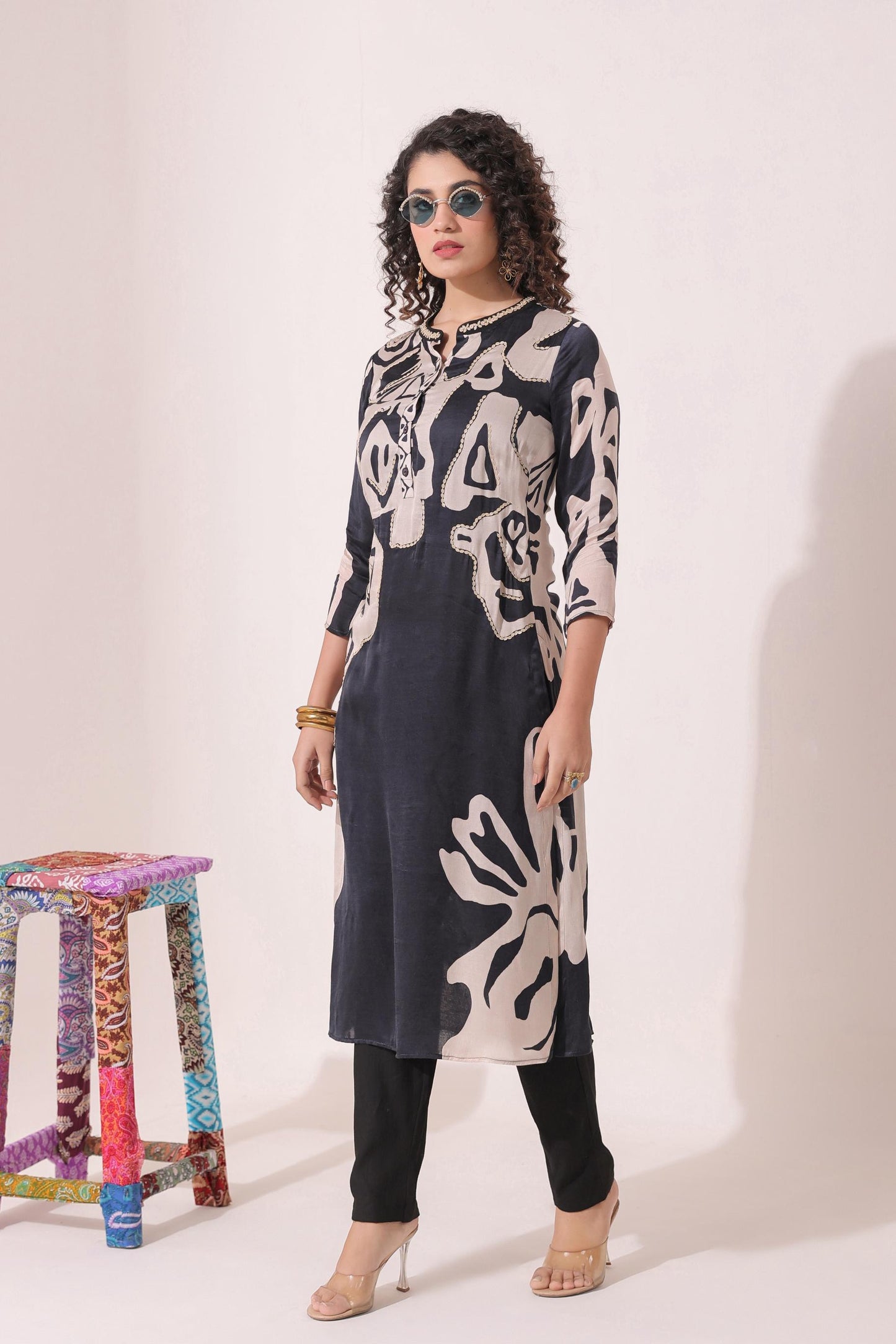 SummerFalling-Black Digital Printed Bamberg Satin Silk Pant Set