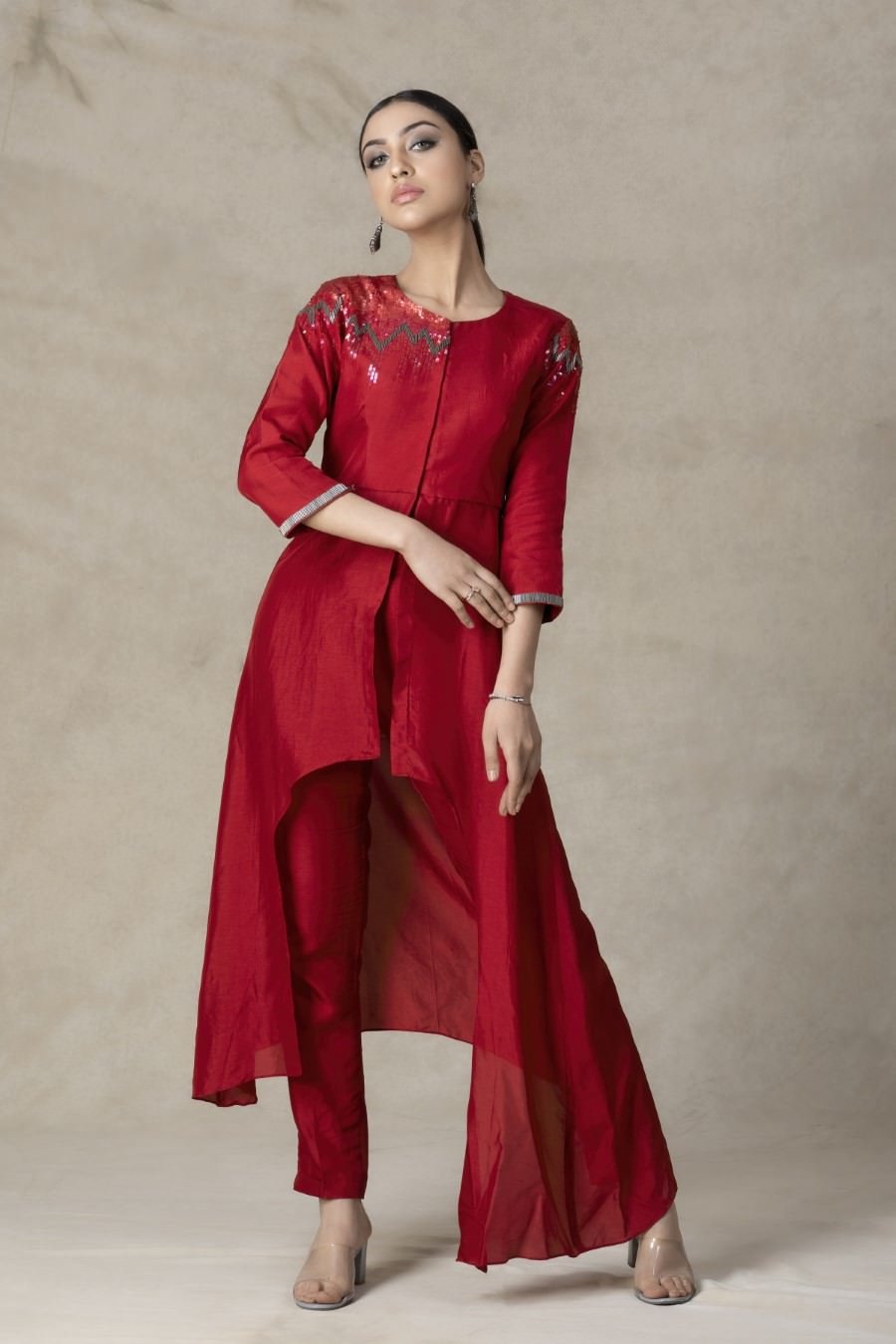 SummerFalling-Asymmetrical Carmine Red German Silk Kurta Pant Set