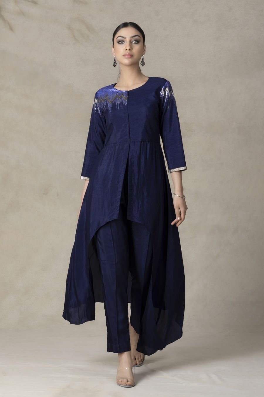 SummerFalling-Asymmetrical Violet German Silk Kurta Pant Set