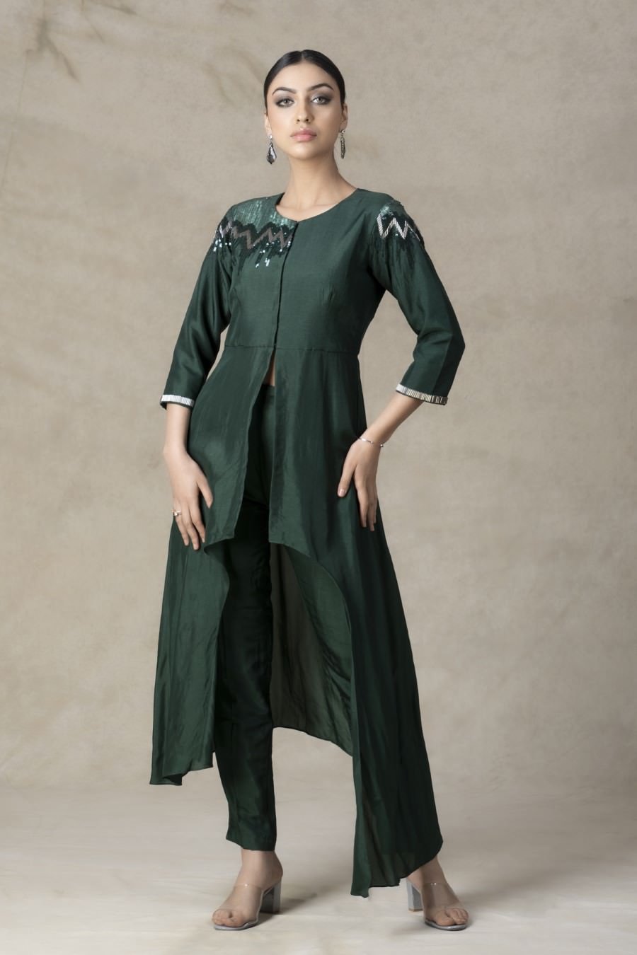 SummerFalling-Asymmetrical Deep Green German Silk Kurta Pant Set