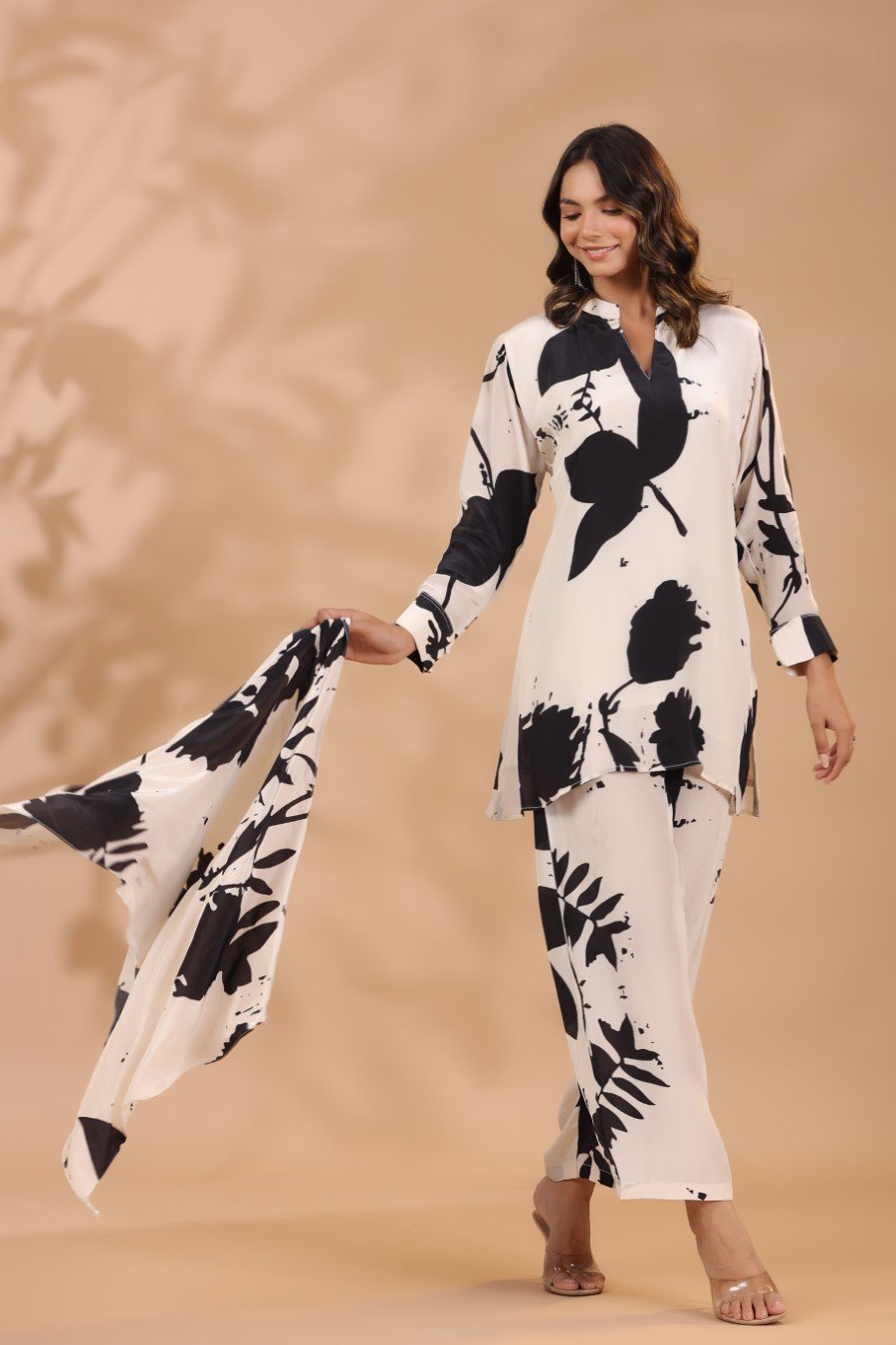 SummerFalling-Black & White Printed Crepe Silk Co-ord Set
