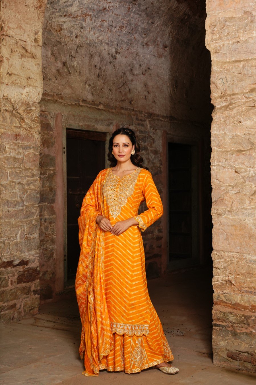 SummerFalling-Amber Yellow Leheriya Embroidered Sharara Set