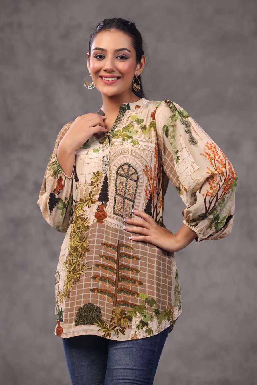 SummerFalling-Beige Digital Printed Italian Crepe Top