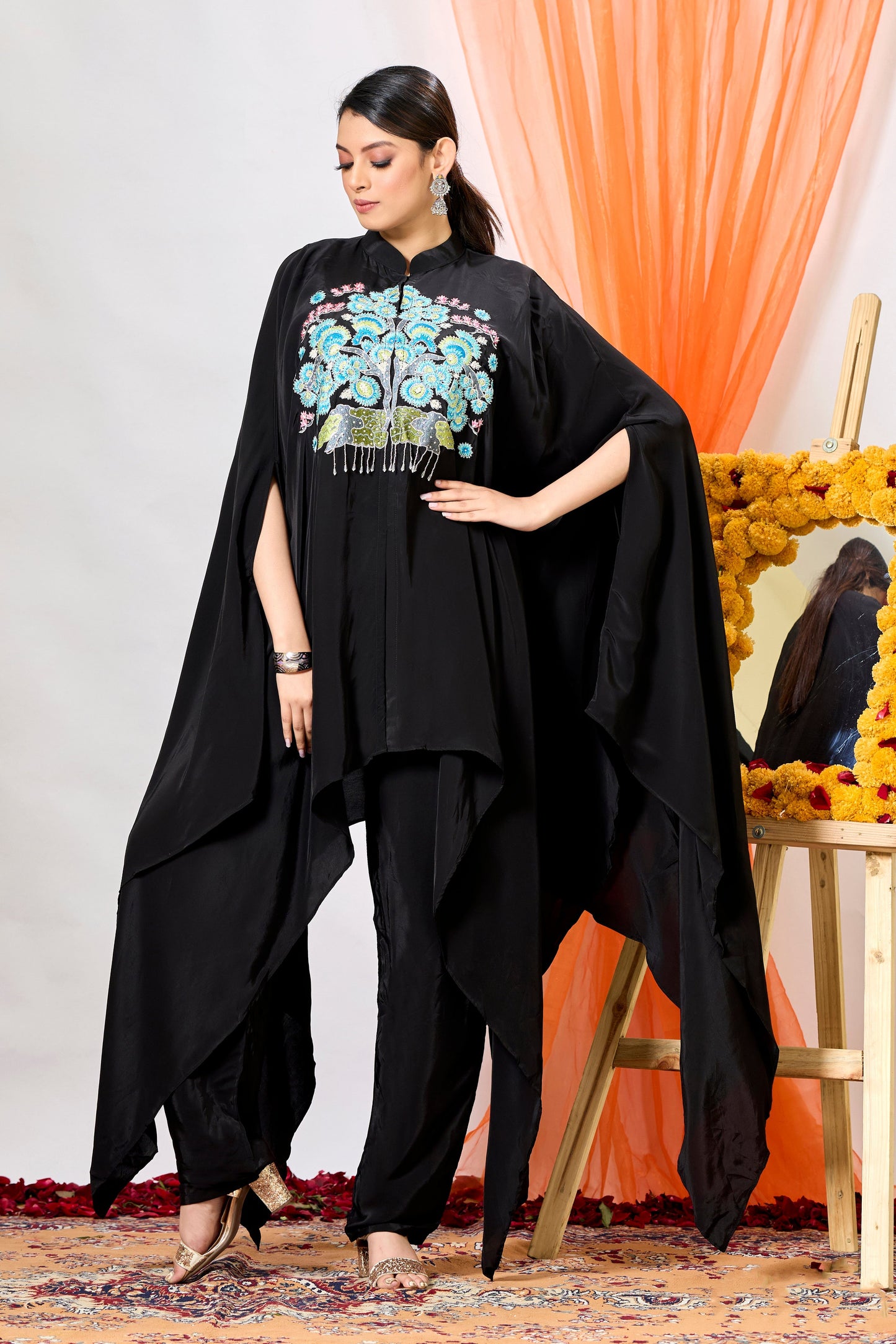 SummerFalling-Black Embroidered Crepe Silk Co-Ord Set