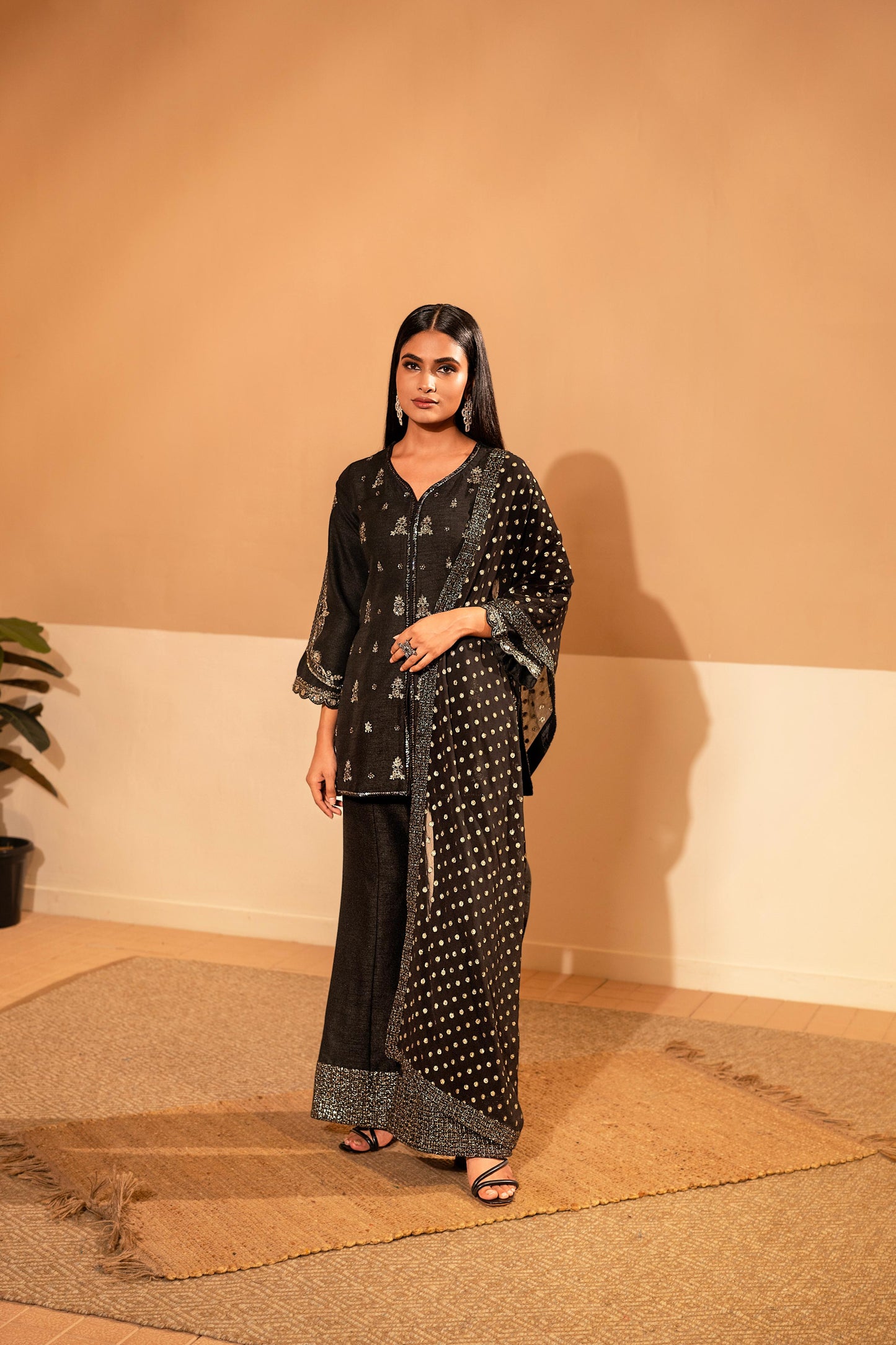 SummerFalling-Black Embellished Raw Silk Palazzo Set