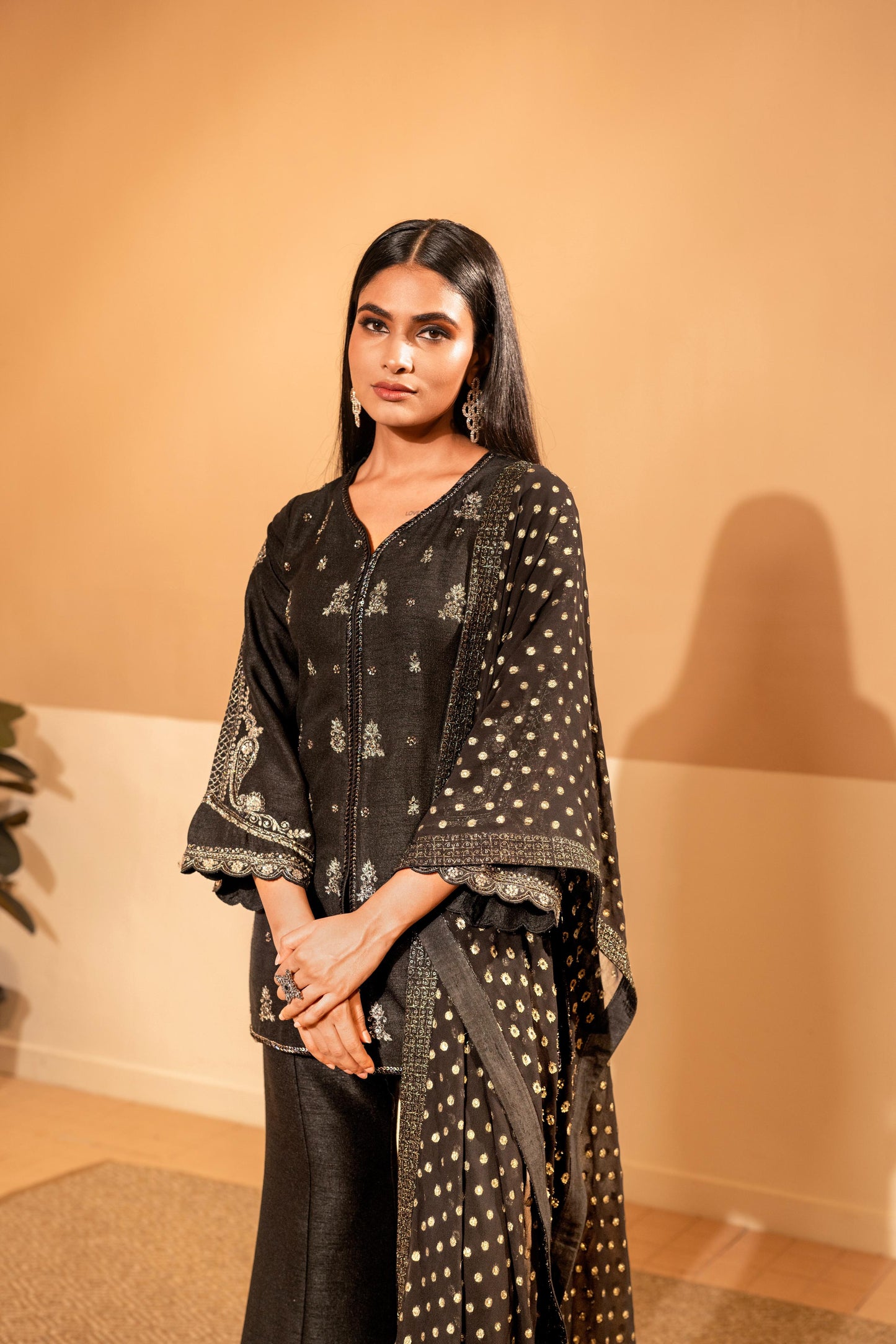 SummerFalling-Black Embellished Raw Silk Palazzo Set
