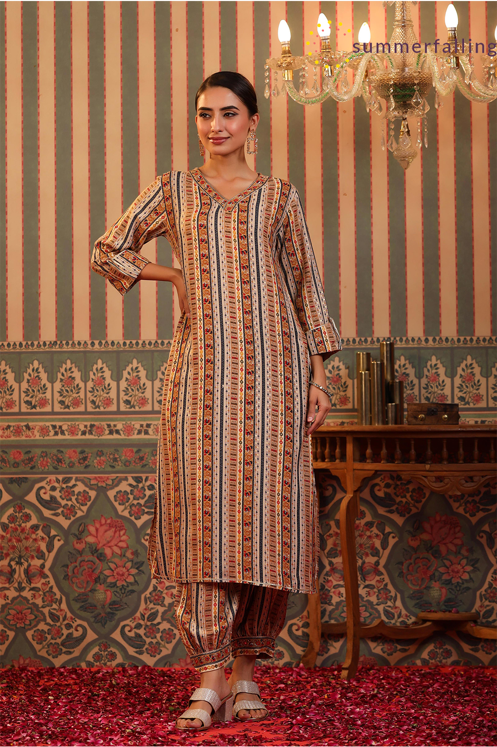 SummerFalling-Beige Foil Printed Spanish Silk Pathani Suit Set