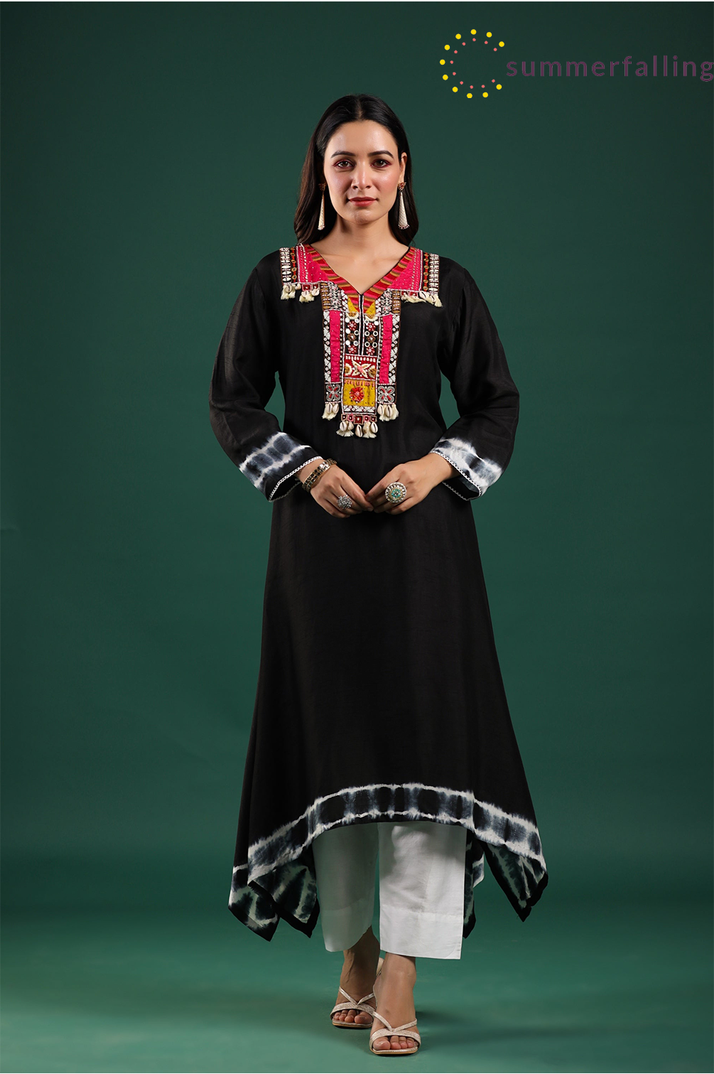 SummerFalling-Black Embellished Dola Silk Pants Set