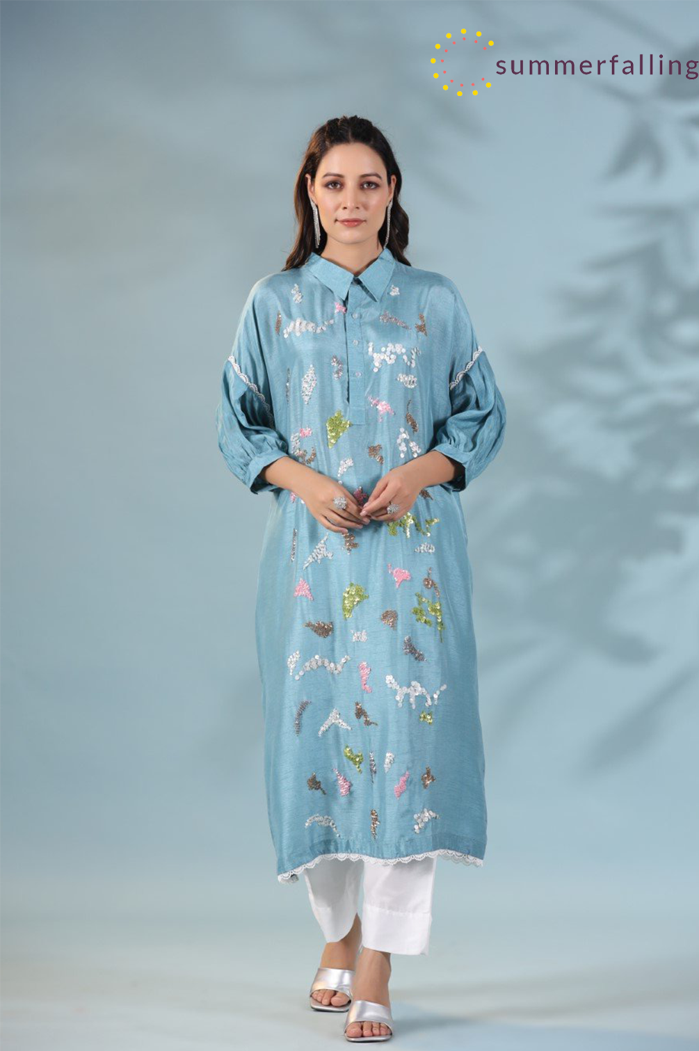 SummerFalling-Aqua Blue Morish Silk Kurta with Pants