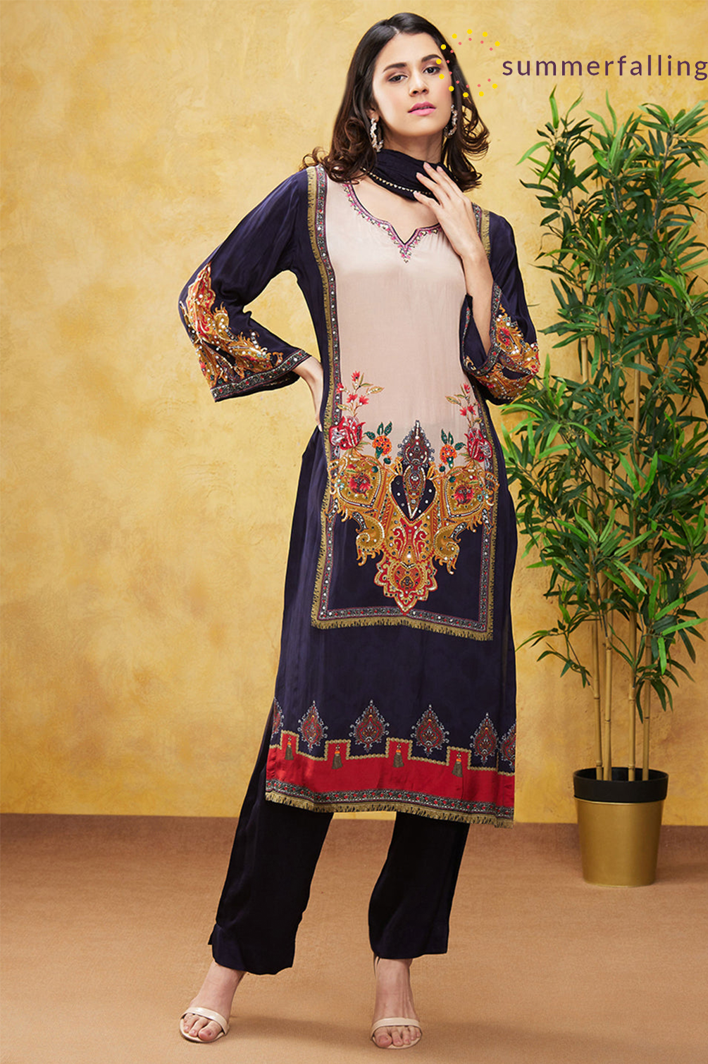 SummerFalling-Black Digital Printed Premium Silk Pants Set