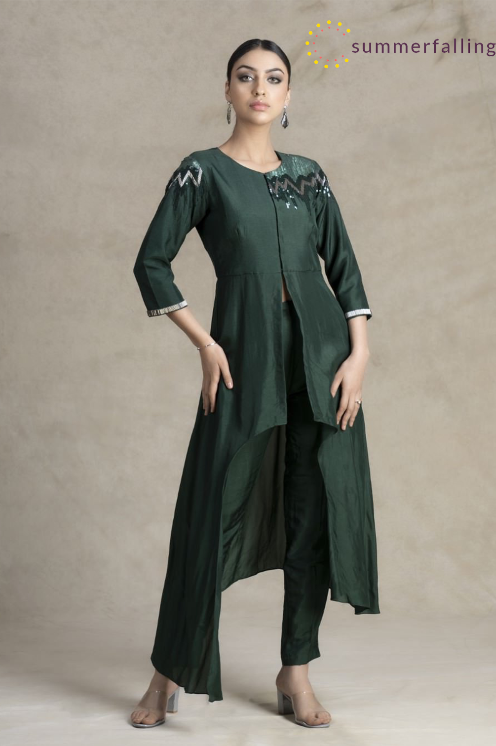 SummerFalling-Asymmetrical Deep Green German Silk Kurta Pant Set