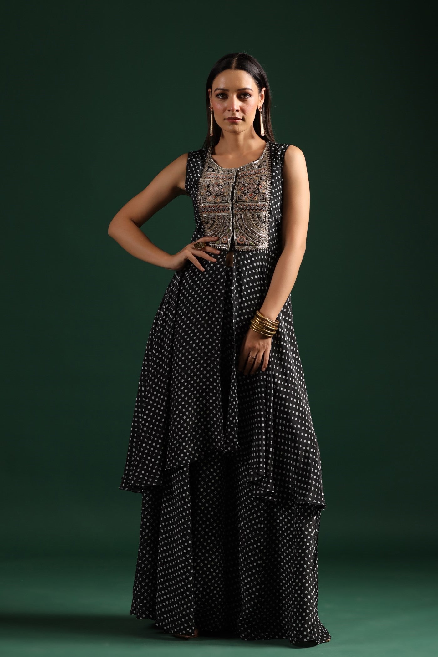 SummerFalling-Black Bandhani Embroidered Tunic & Palazzo