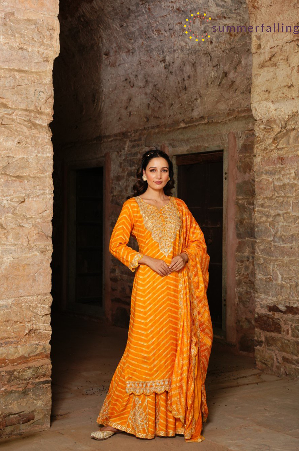 SummerFalling-Amber Yellow Leheriya Embroidered Sharara Set