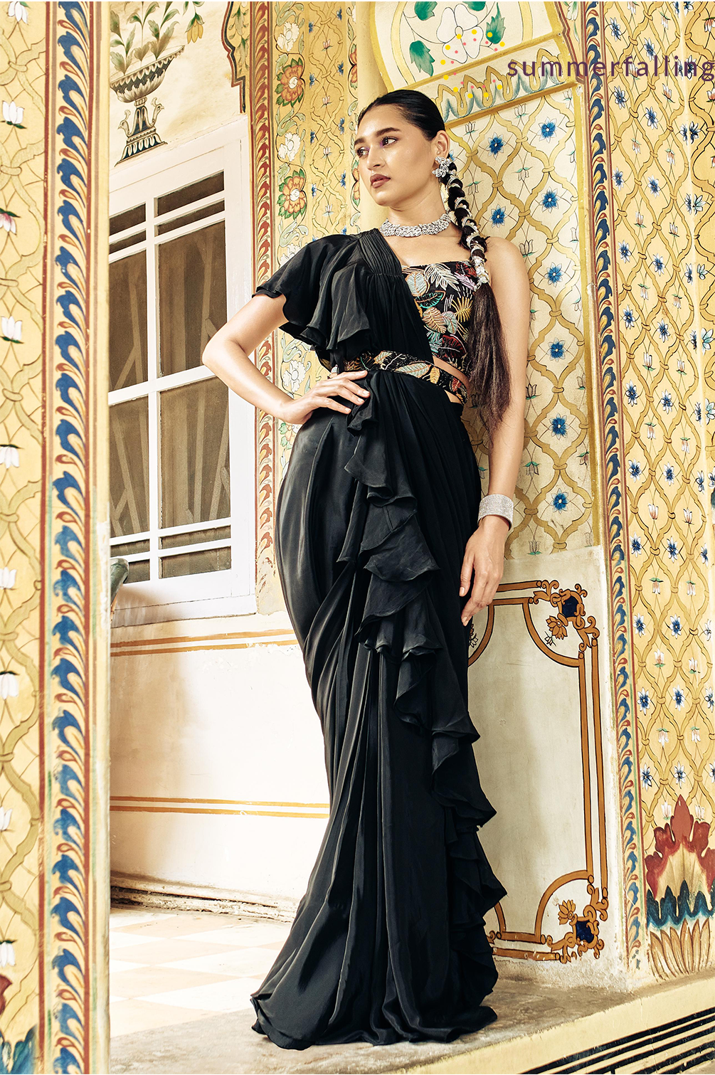 SummerFalling-Black Embellished Habutai Silk Draped Saree