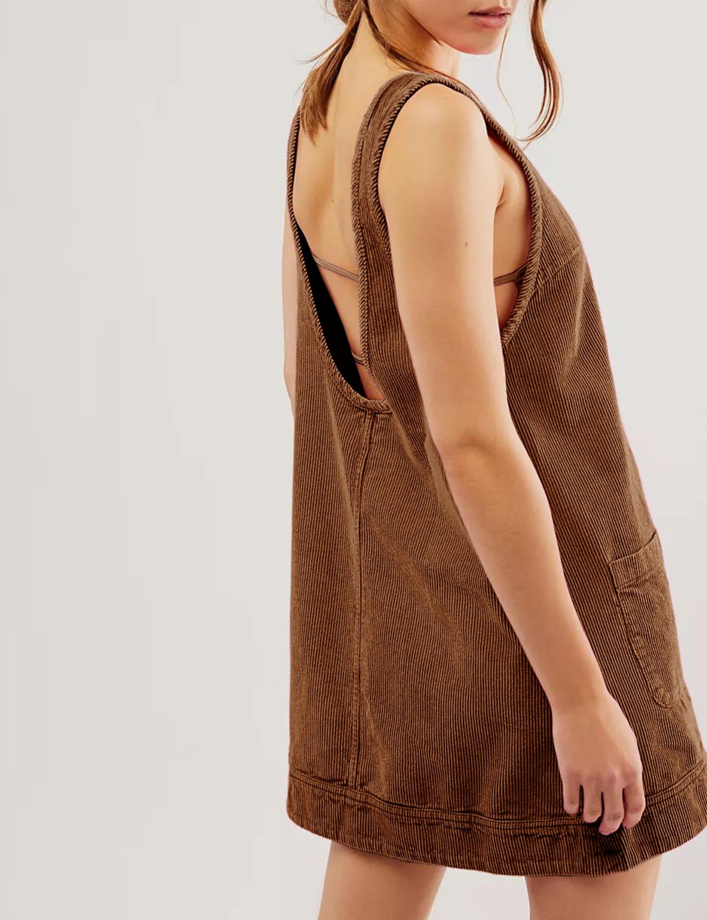 Corduroy Overall Dress For Women Round Neck Skirtall Jumper A Line Mini Romper Pinafore With Pockets