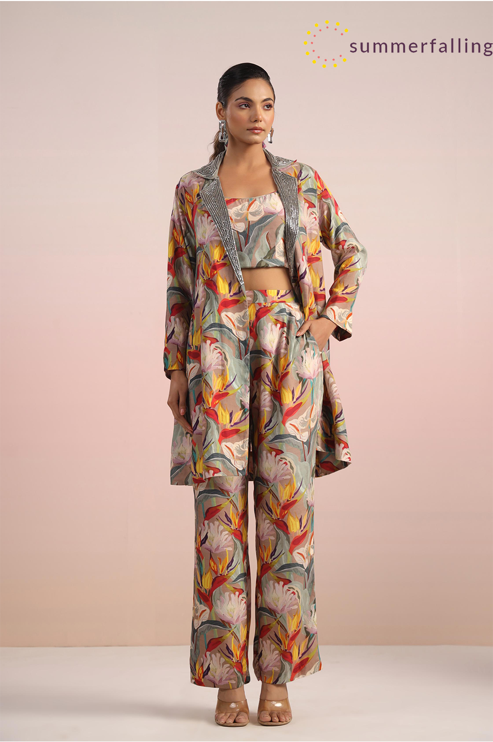 SummerFalling-Beige Floral Printed Tafetta Himalayan Silk Jacket Co-Ord Set