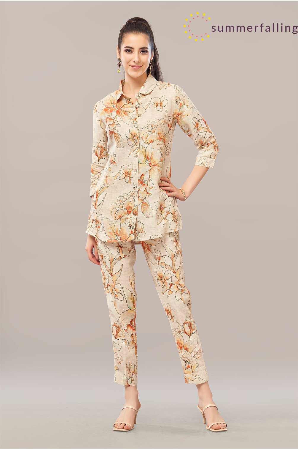 SummerFalling-Antique White Floral Printed German Linen Co-Ord Set
