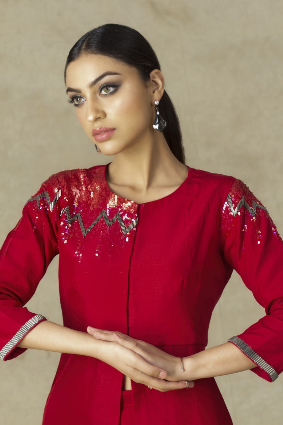 SummerFalling-Asymmetrical Carmine Red German Silk Kurta Pant Set