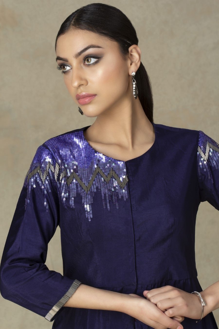 SummerFalling-Asymmetrical Violet German Silk Kurta Pant Set