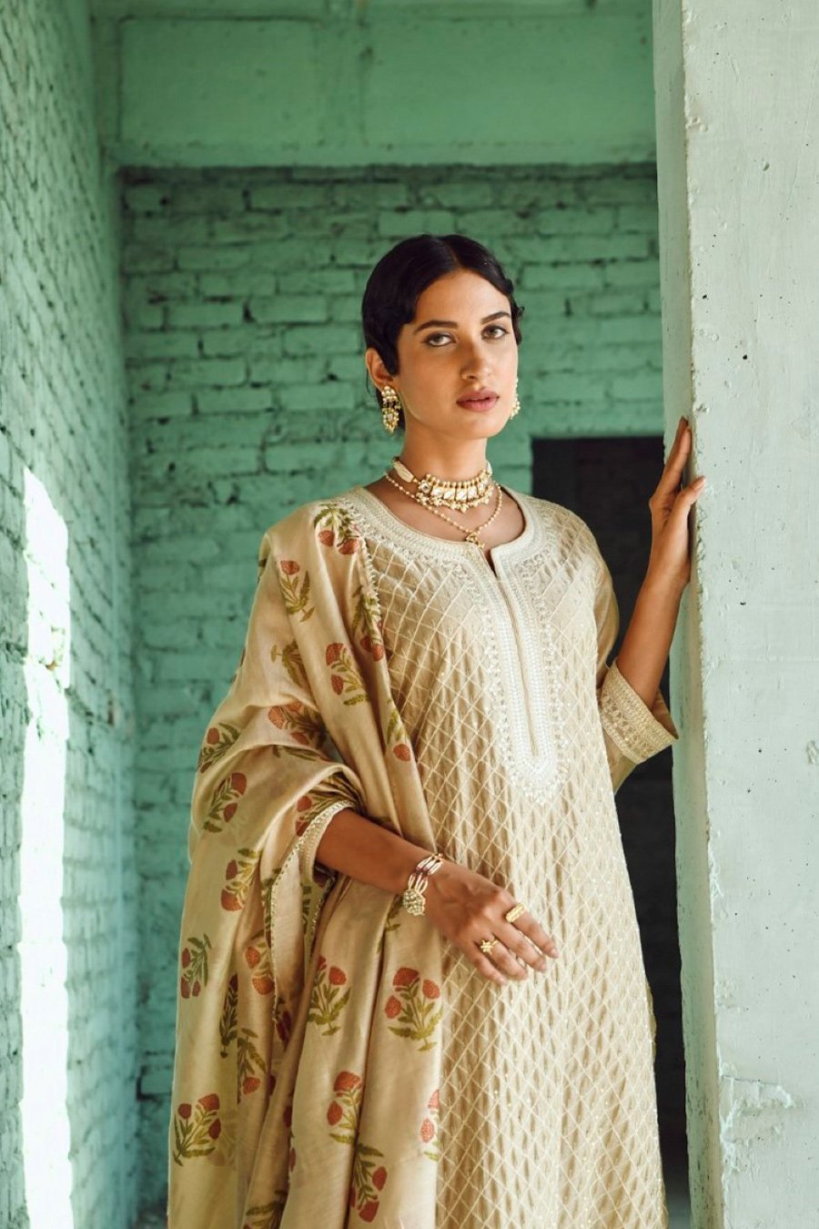 SummerFalling-Beige Embroidered Chanderi Silk Kurta Set