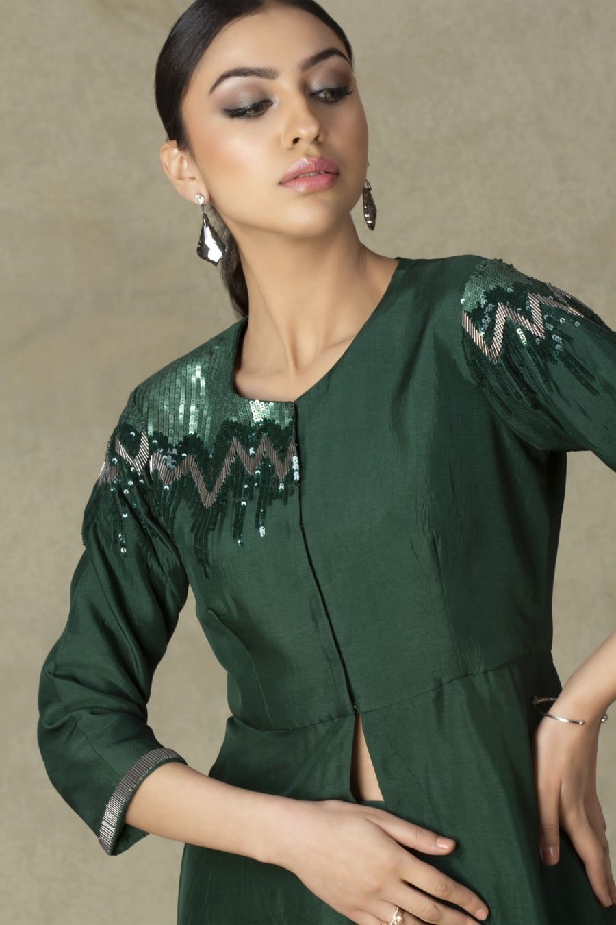 SummerFalling-Asymmetrical Deep Green German Silk Kurta Pant Set