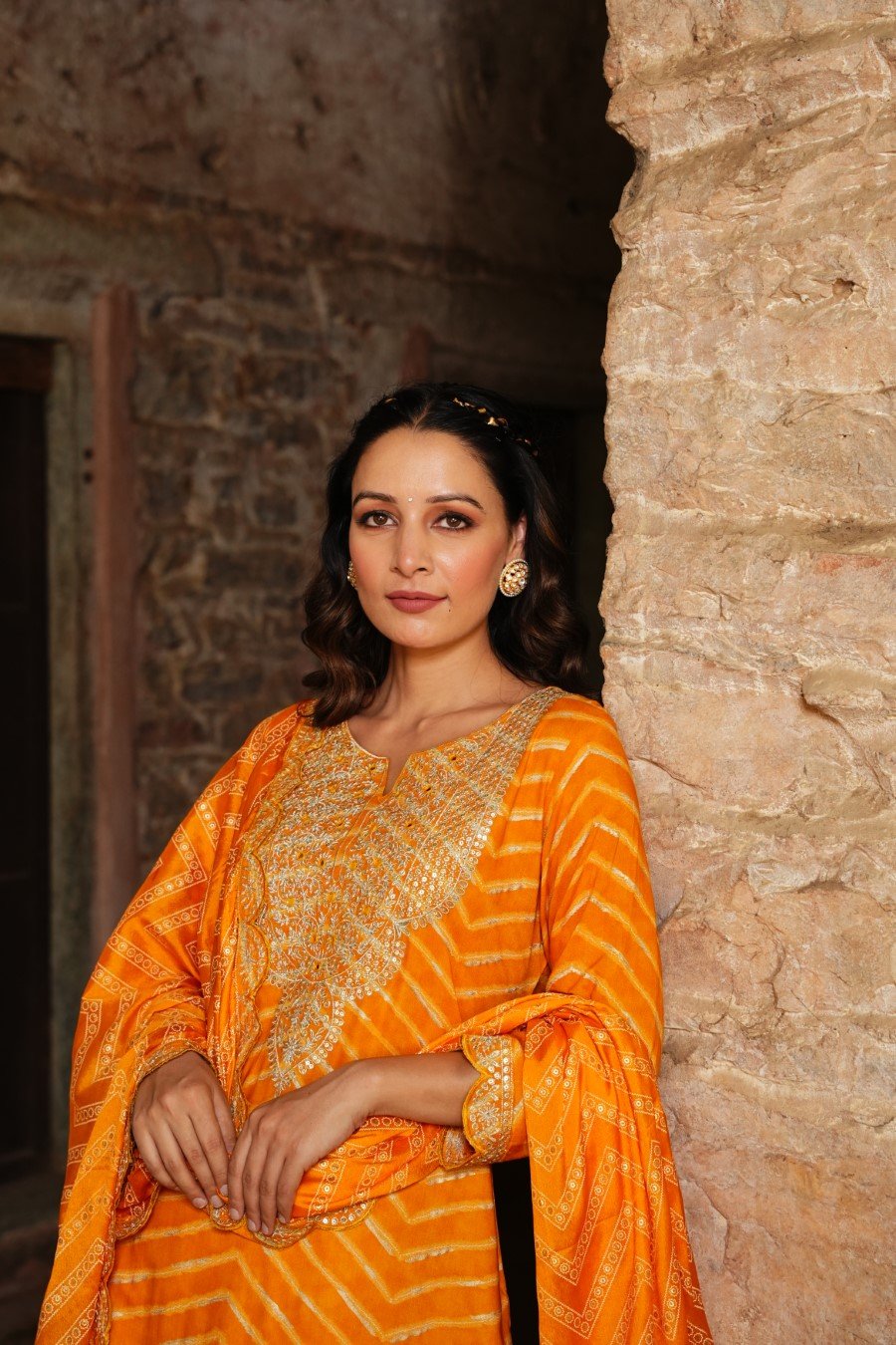 SummerFalling-Amber Yellow Leheriya Embroidered Sharara Set