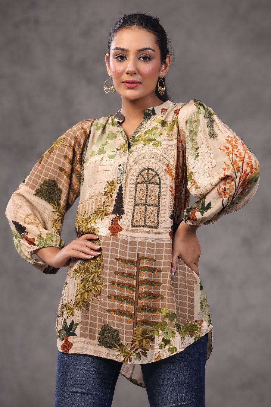 SummerFalling-Beige Digital Printed Italian Crepe Top