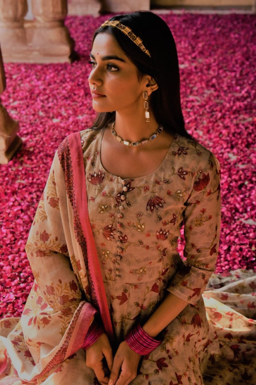 SummerFalling-Beige Ethnic Embellished Anarkali Set with Dupatta