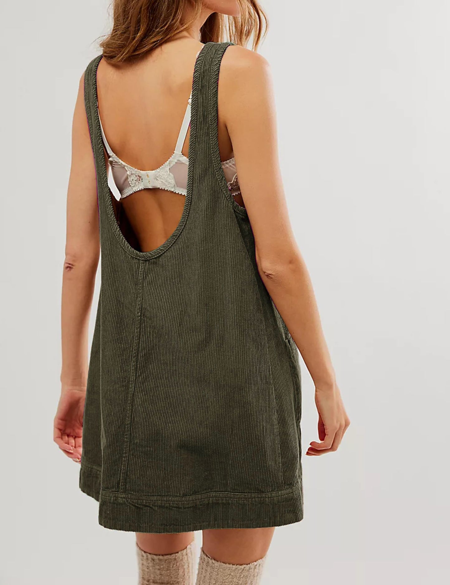 Corduroy Overall Dress For Women Round Neck Skirtall Jumper A Line Mini Romper Pinafore With Pockets