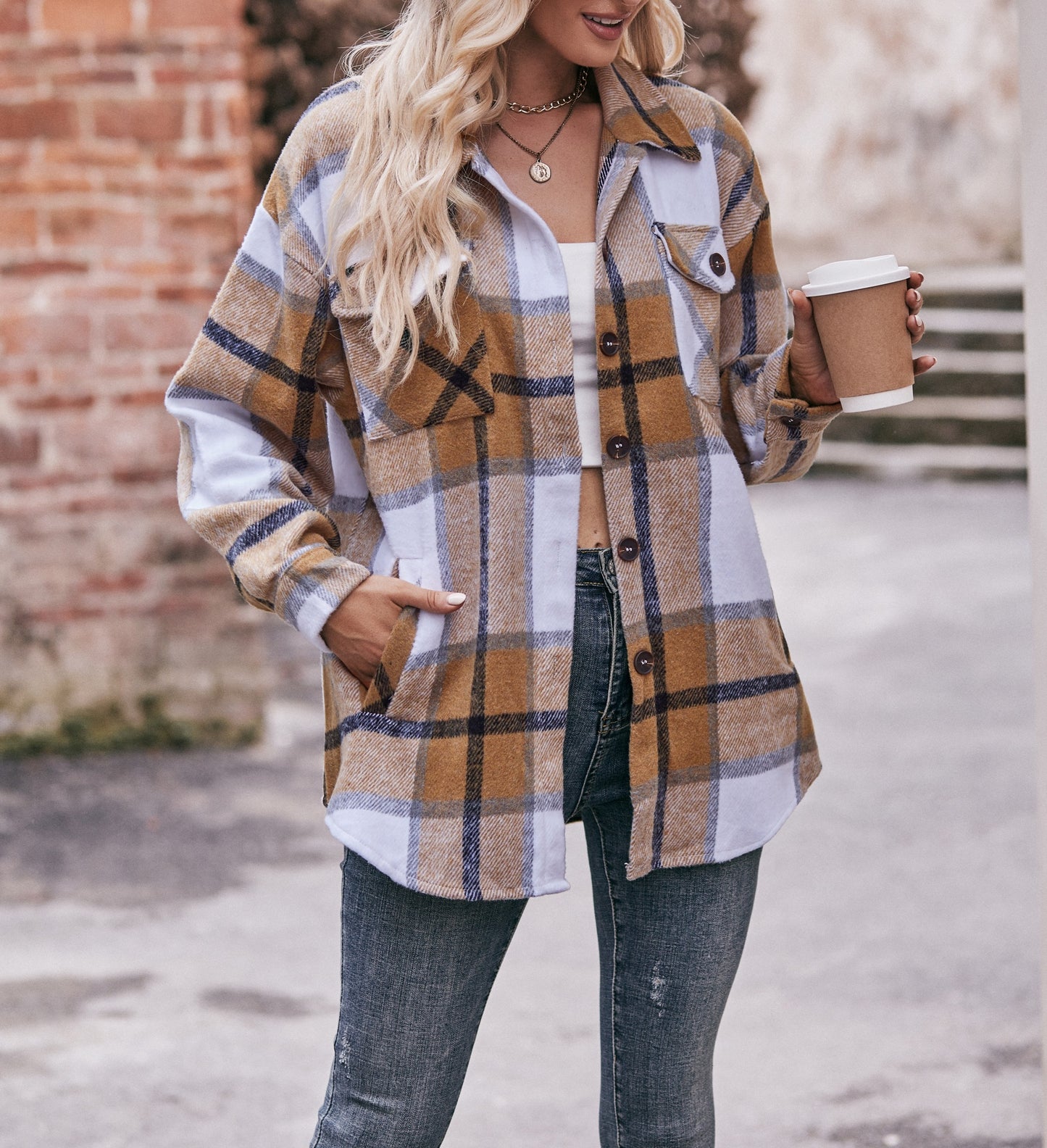 Womens Casual Plaid Jacket Oversized Button Down Long Sleeve Coat Tops