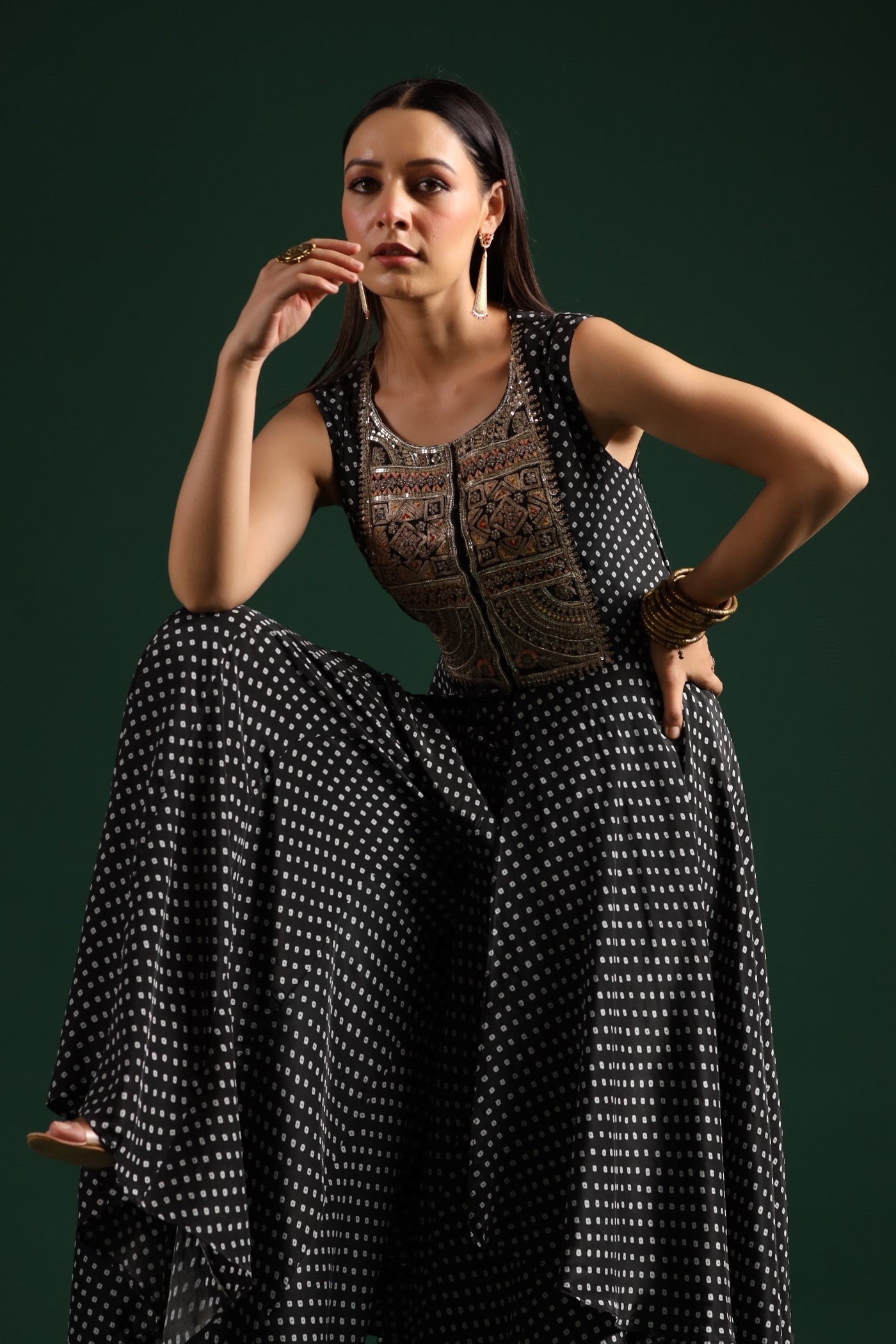 SummerFalling-Black Bandhani Embroidered Tunic & Palazzo