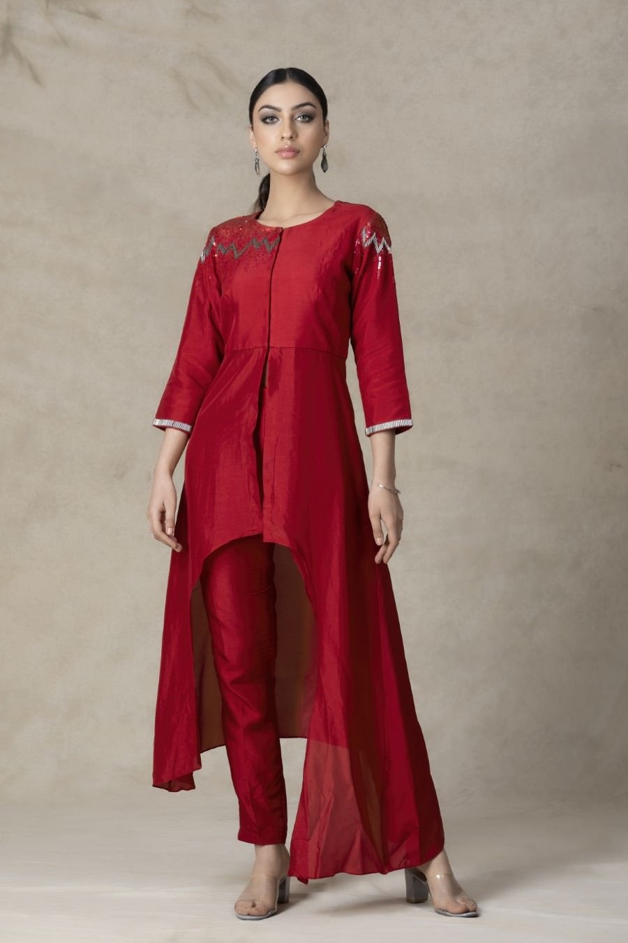SummerFalling-Asymmetrical Carmine Red German Silk Kurta Pant Set