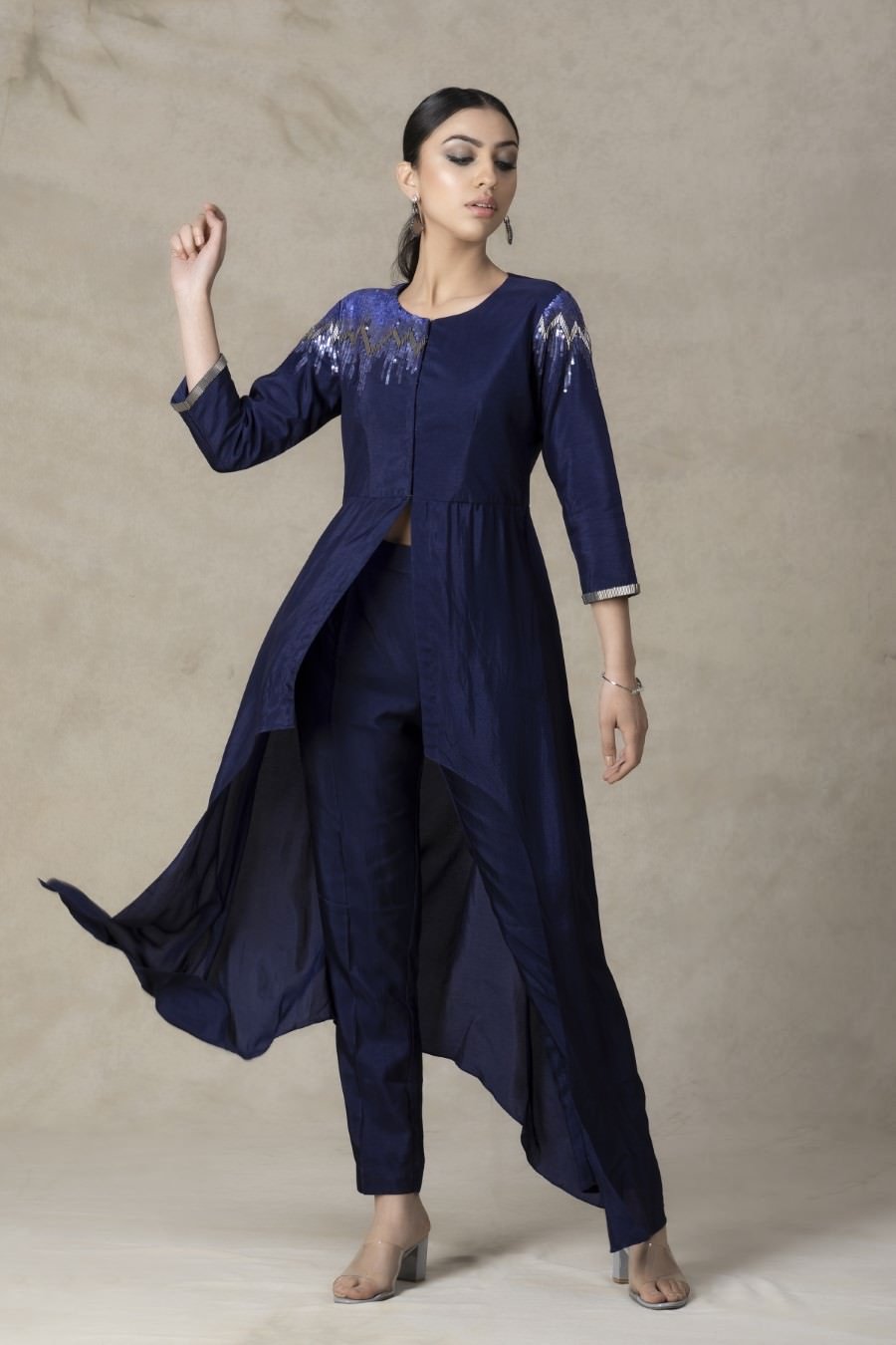 SummerFalling-Asymmetrical Violet German Silk Kurta Pant Set