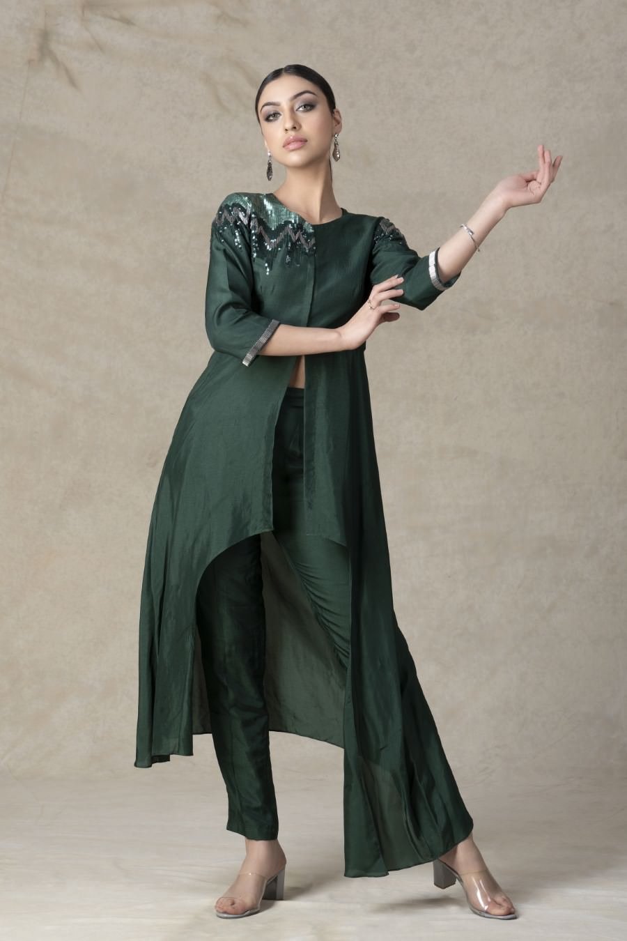 SummerFalling-Asymmetrical Deep Green German Silk Kurta Pant Set