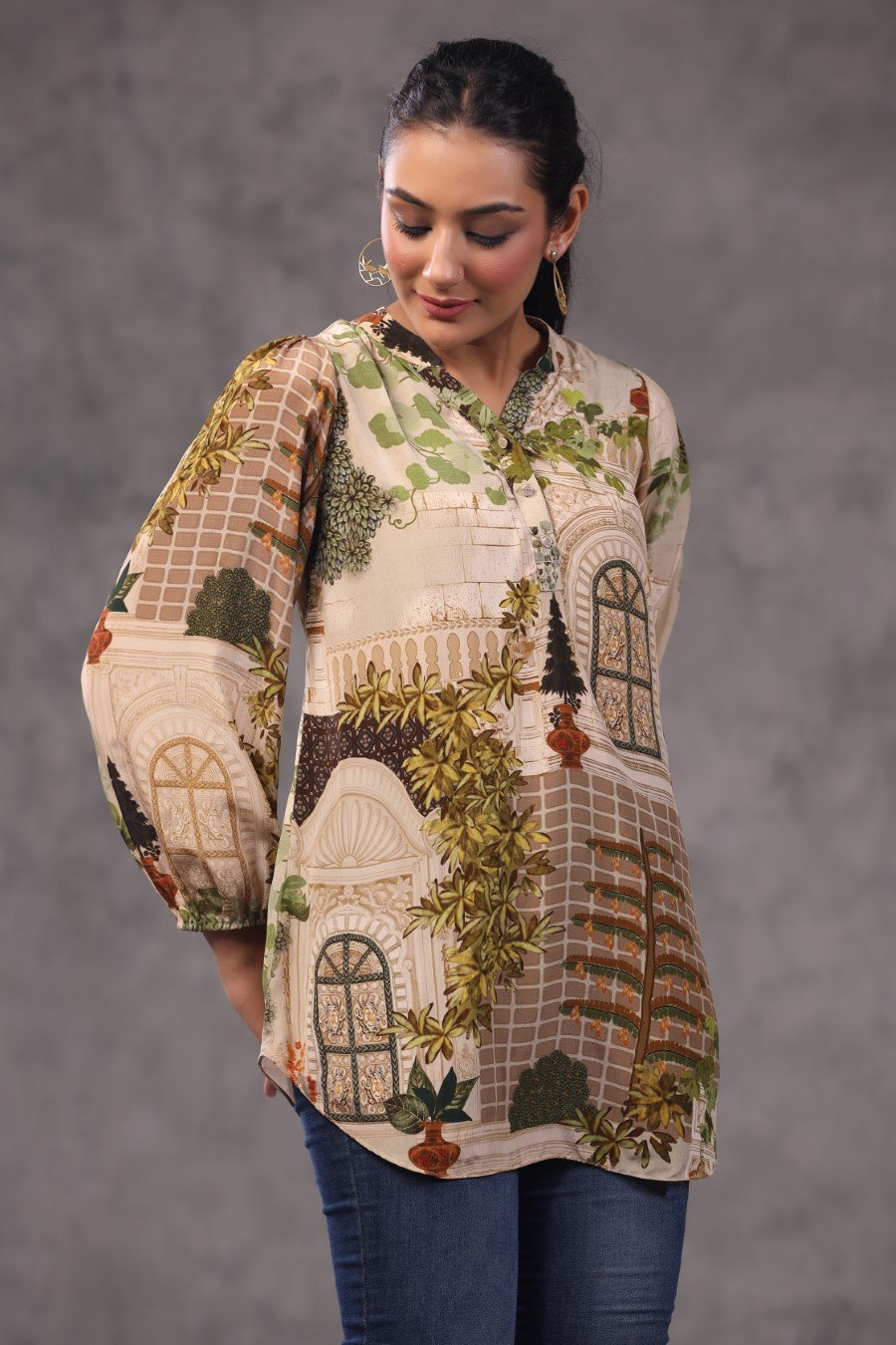 SummerFalling-Beige Digital Printed Italian Crepe Top