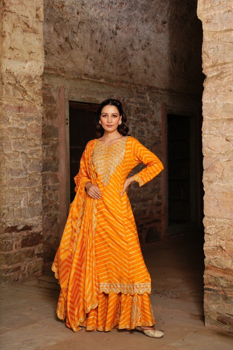 SummerFalling-Amber Yellow Leheriya Embroidered Sharara Set