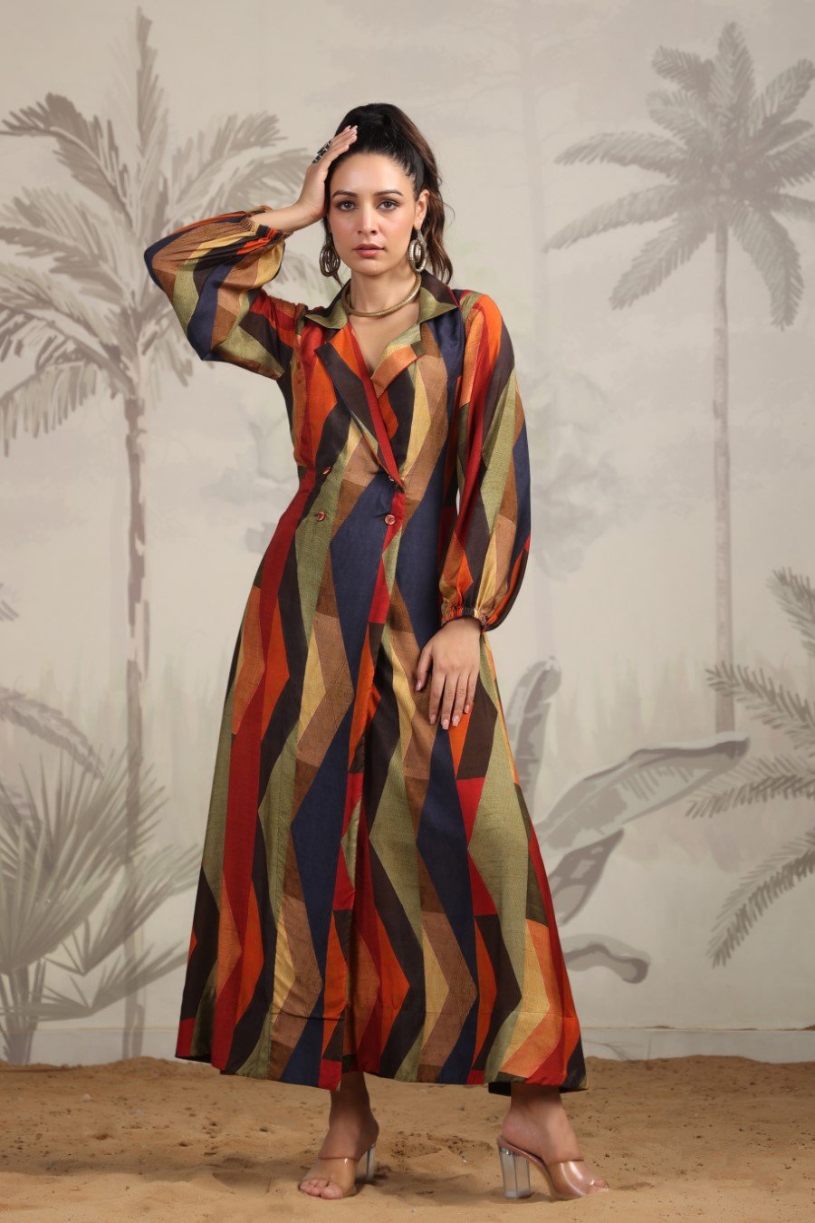 SummerFalling-Abstract Printed A-Line Spanish Silk Dress