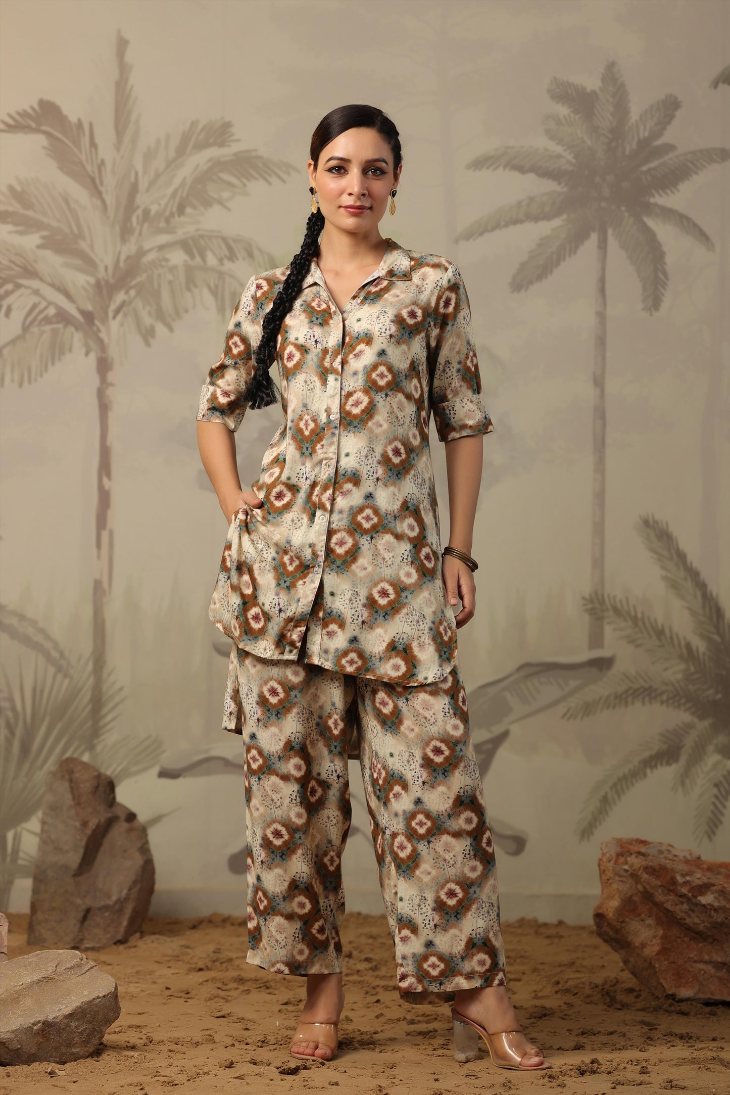SummerFalling-Beige Shibori Printed Italian Silk Co-Ord Set