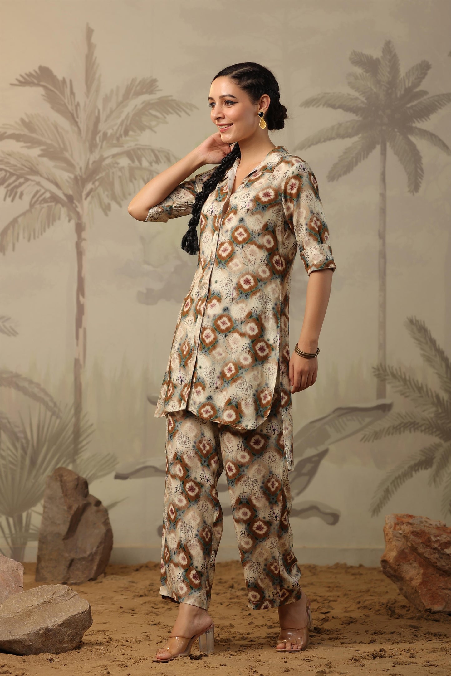 SummerFalling-Beige Shibori Printed Italian Silk Co-Ord Set