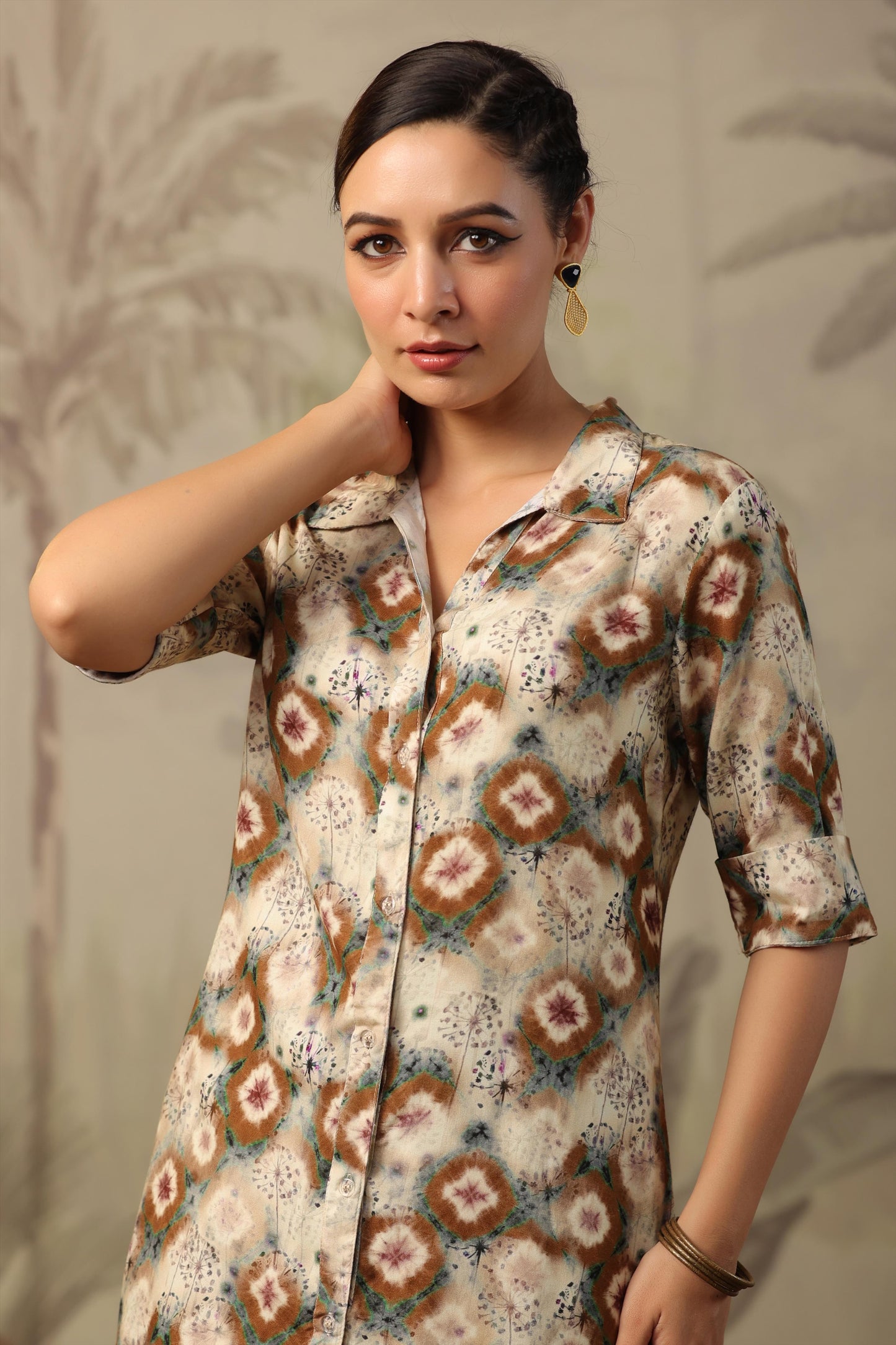 SummerFalling-Beige Shibori Printed Italian Silk Co-Ord Set
