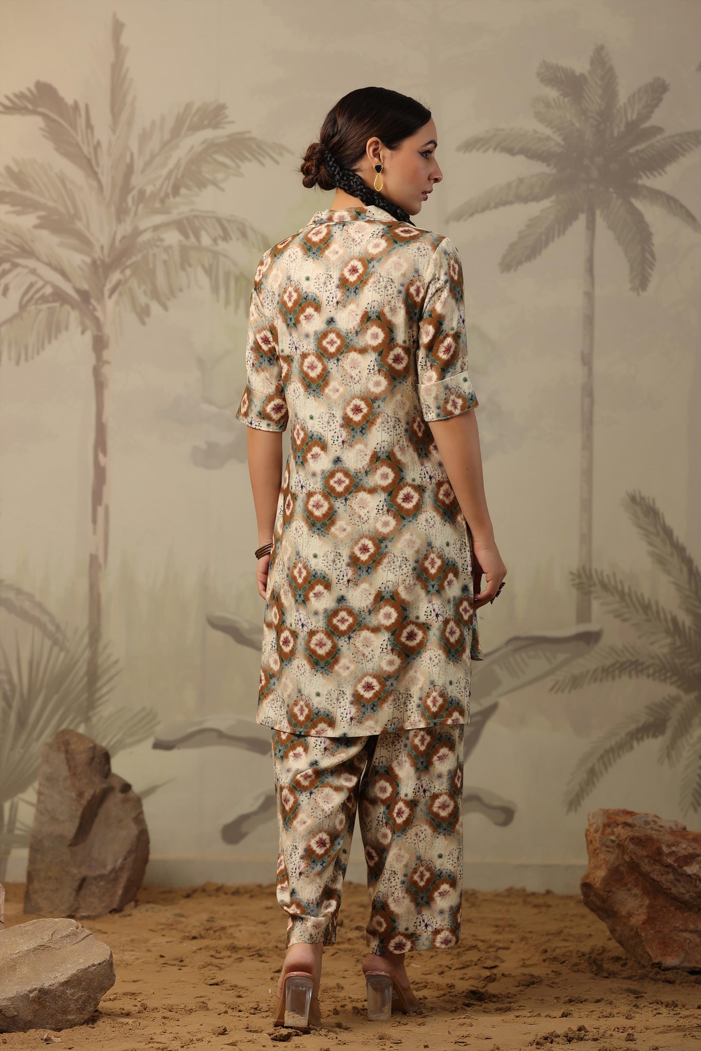 SummerFalling-Beige Shibori Printed Italian Silk Co-Ord Set