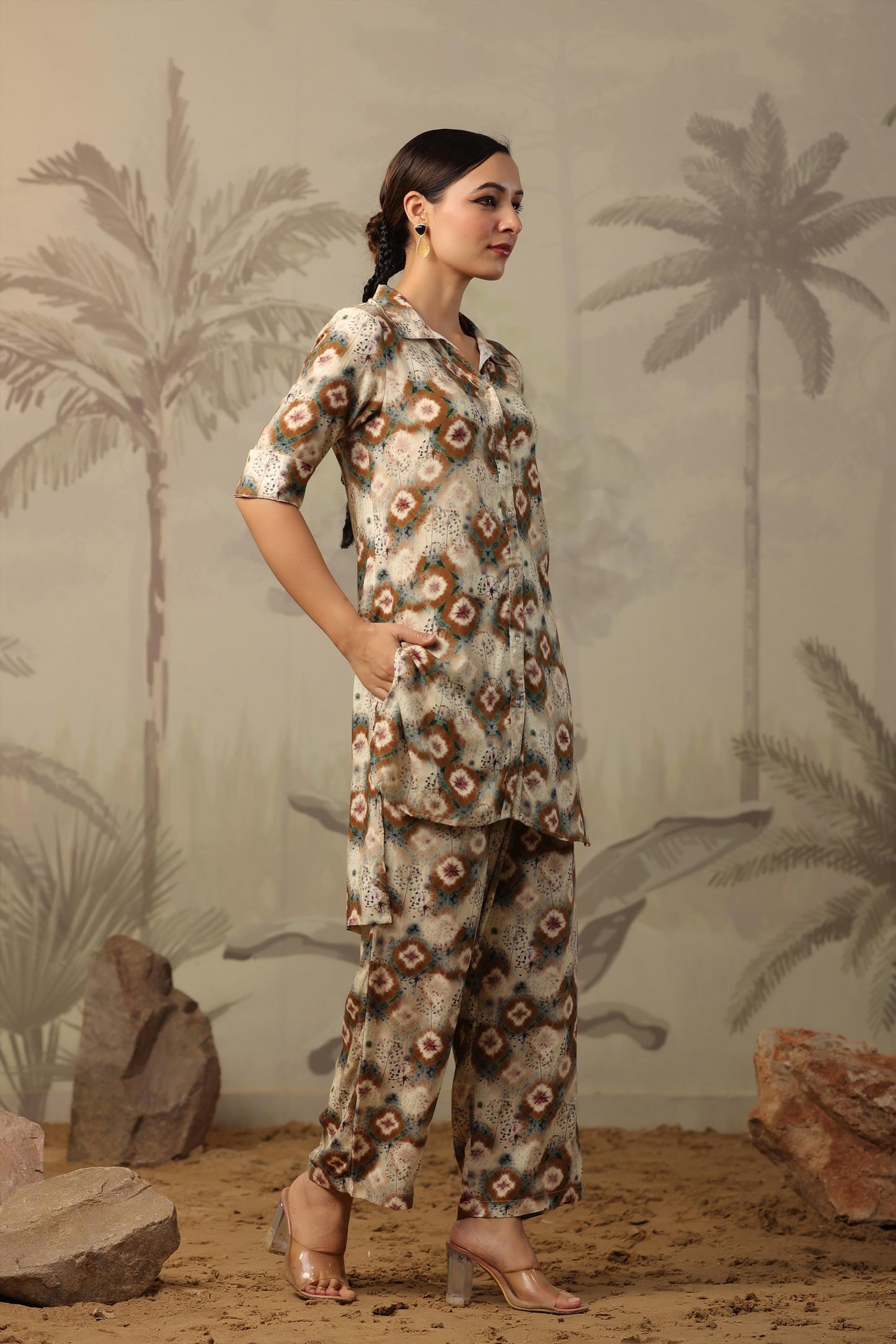 SummerFalling-Beige Shibori Printed Italian Silk Co-Ord Set