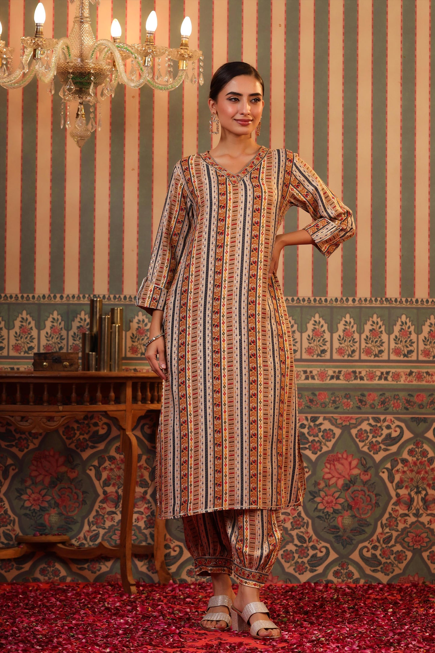 SummerFalling-Beige Foil Printed Spanish Silk Pathani Suit Set