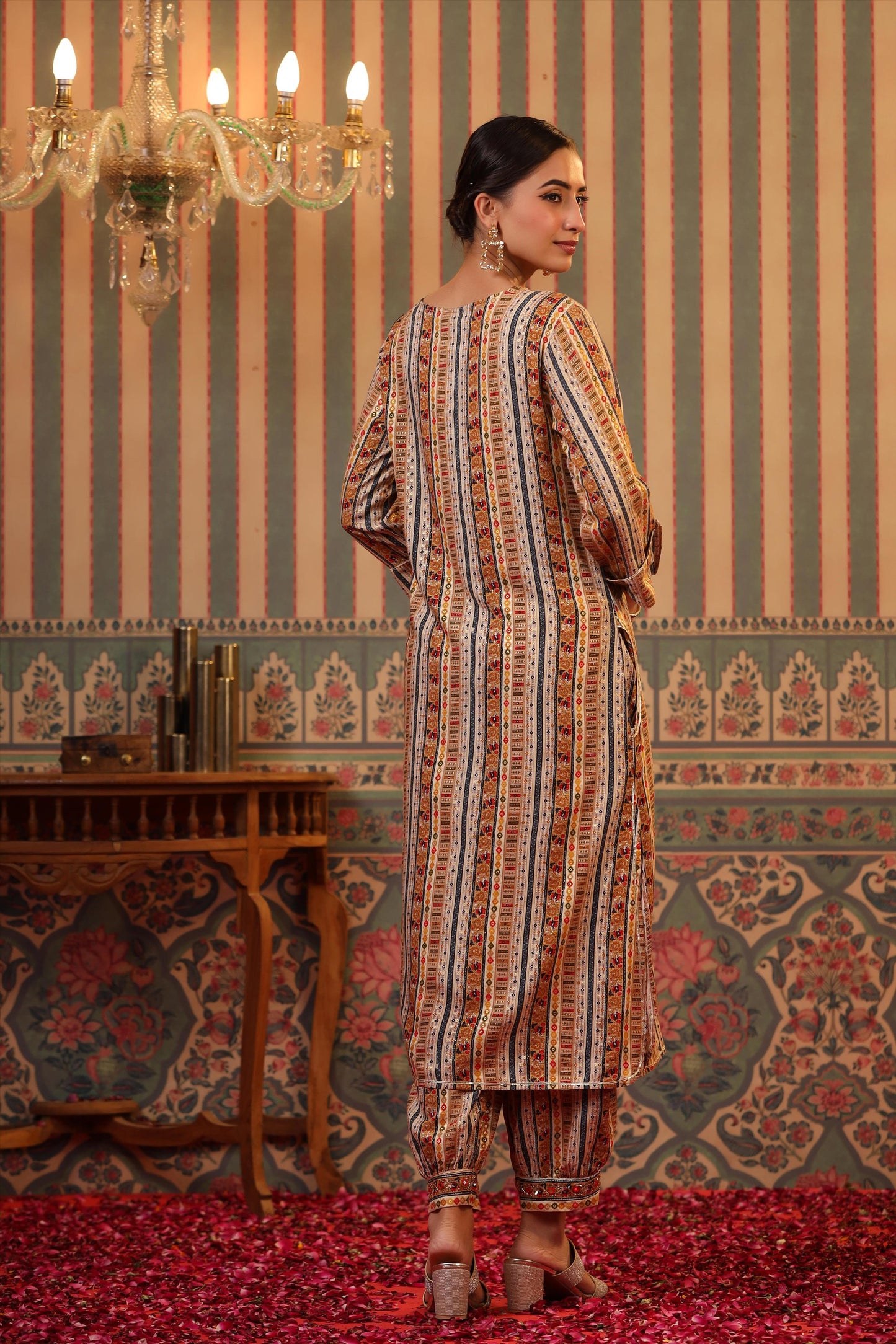 SummerFalling-Beige Foil Printed Spanish Silk Pathani Suit Set