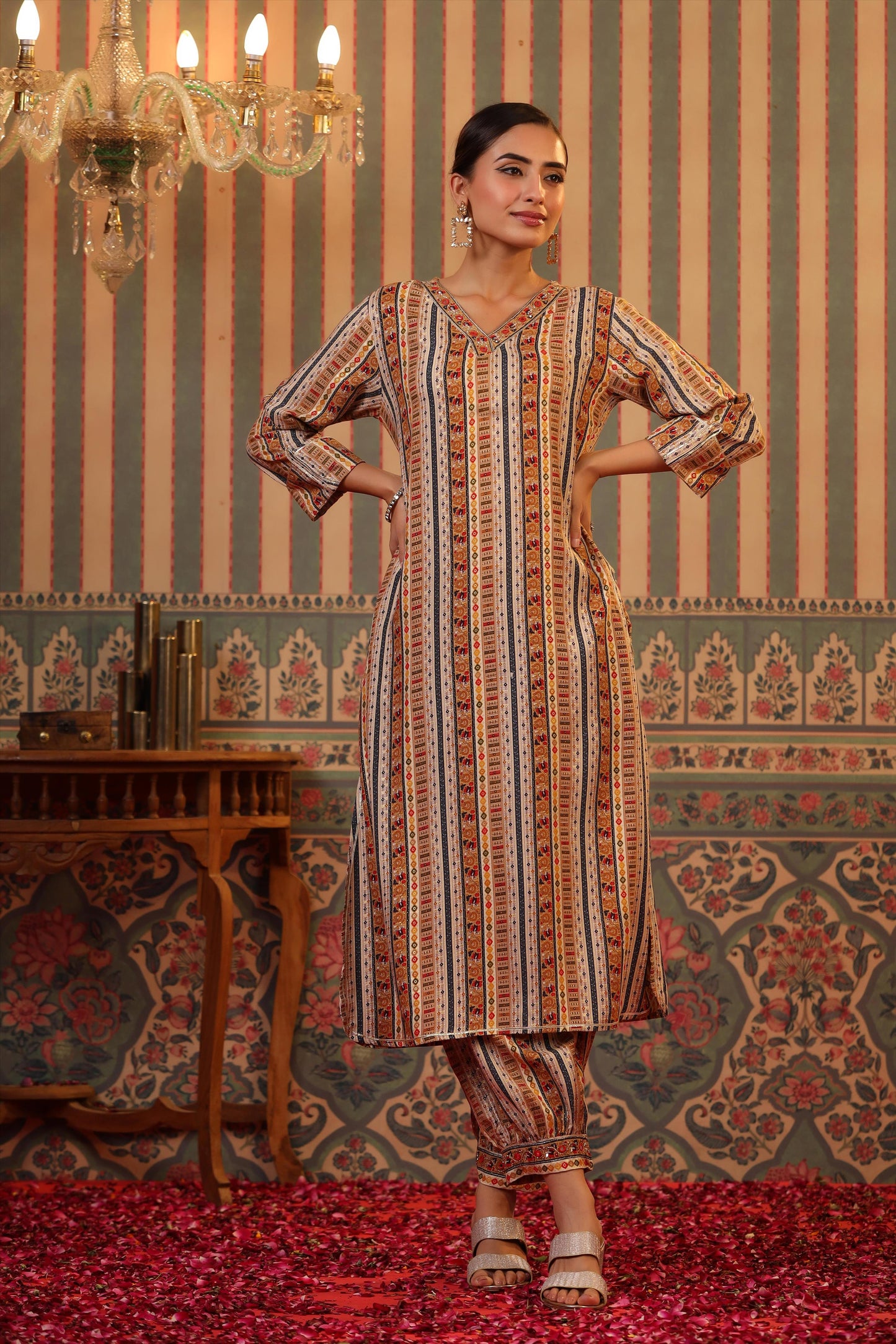 SummerFalling-Beige Foil Printed Spanish Silk Pathani Suit Set