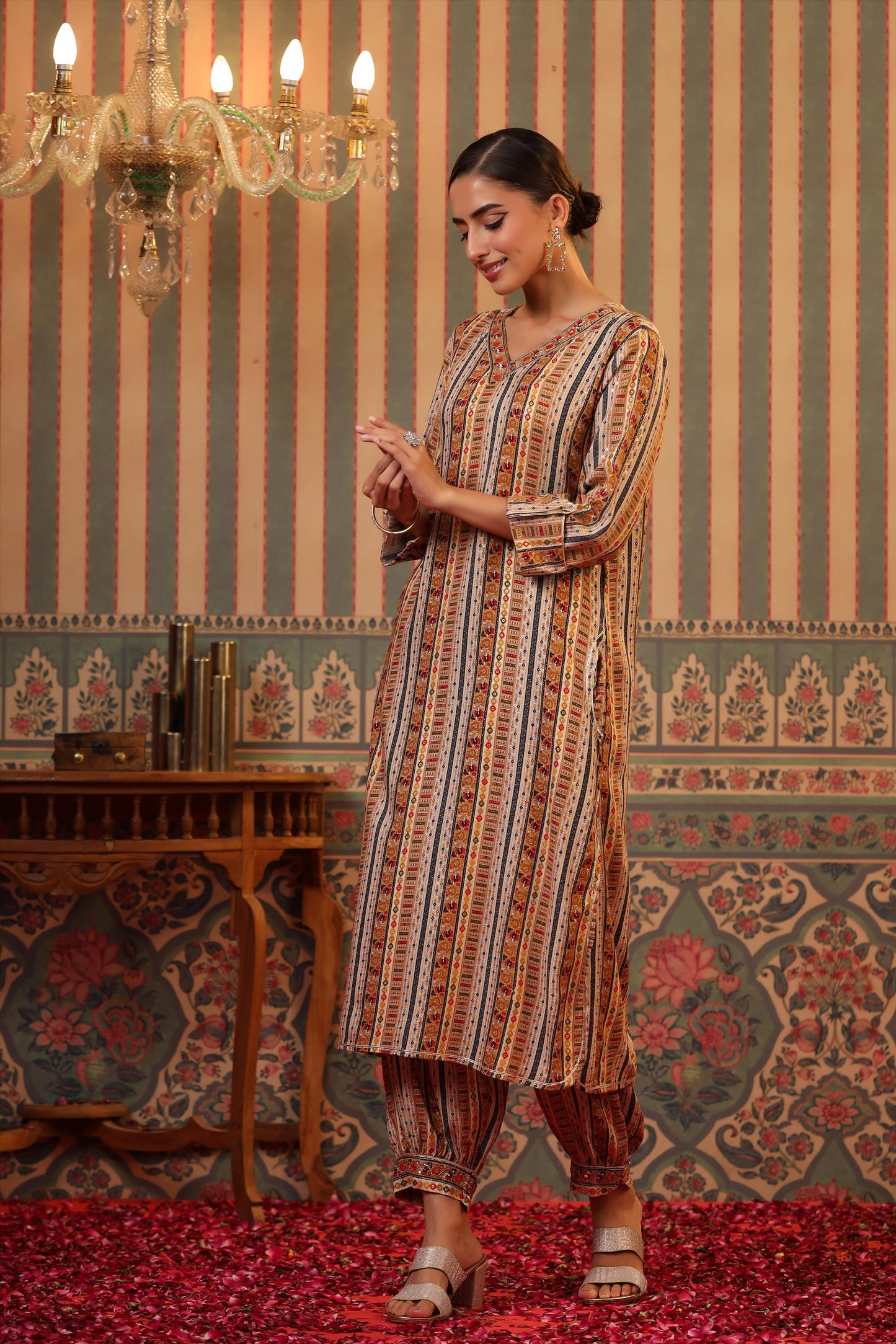 SummerFalling-Beige Foil Printed Spanish Silk Pathani Suit Set
