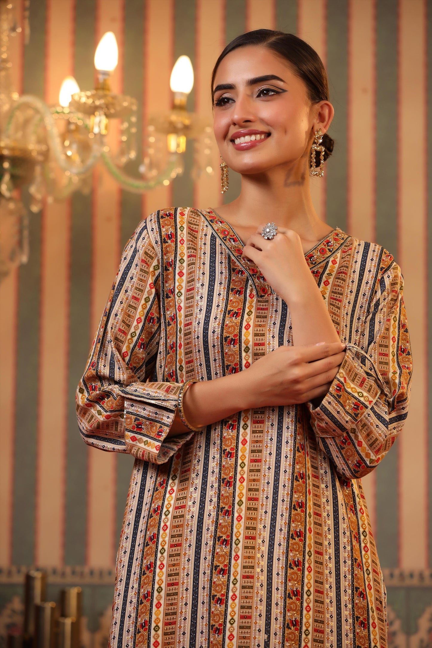 SummerFalling-Beige Foil Printed Spanish Silk Pathani Suit Set