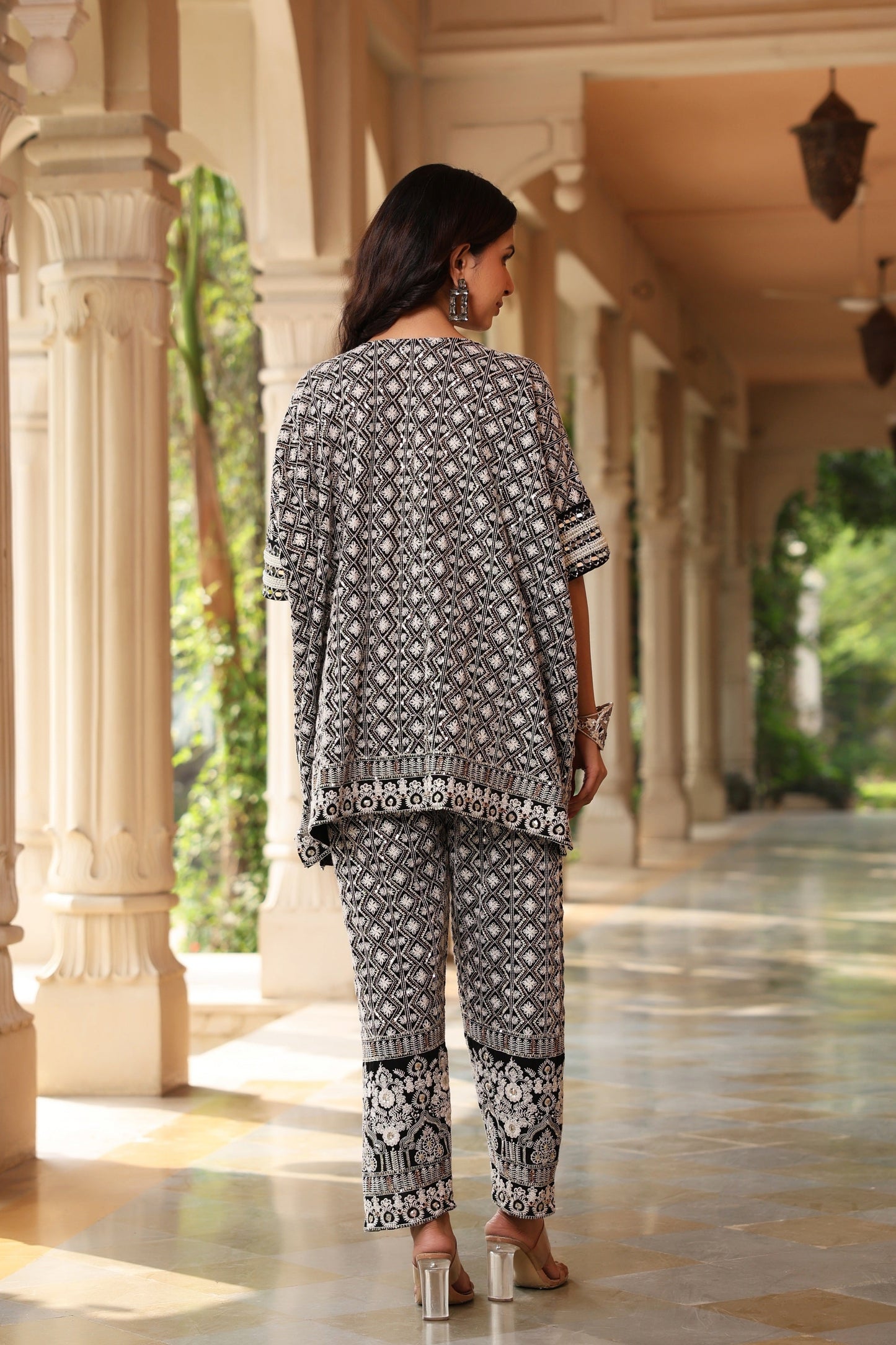 SummerFalling-Black Chic Chikankari Embroidered Kaftan Tunic Co-Ord Set