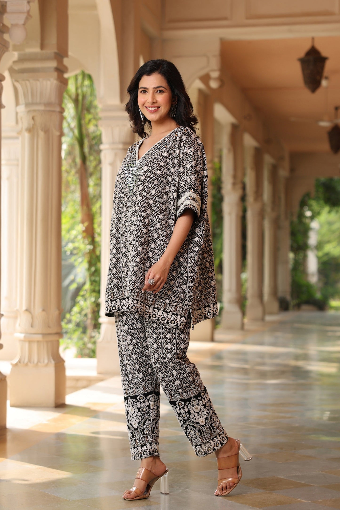 SummerFalling-Black Chic Chikankari Embroidered Kaftan Tunic Co-Ord Set