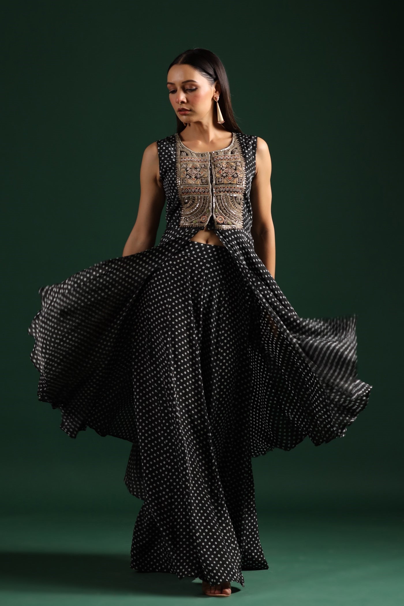 SummerFalling-Black Bandhani Embroidered Tunic & Palazzo